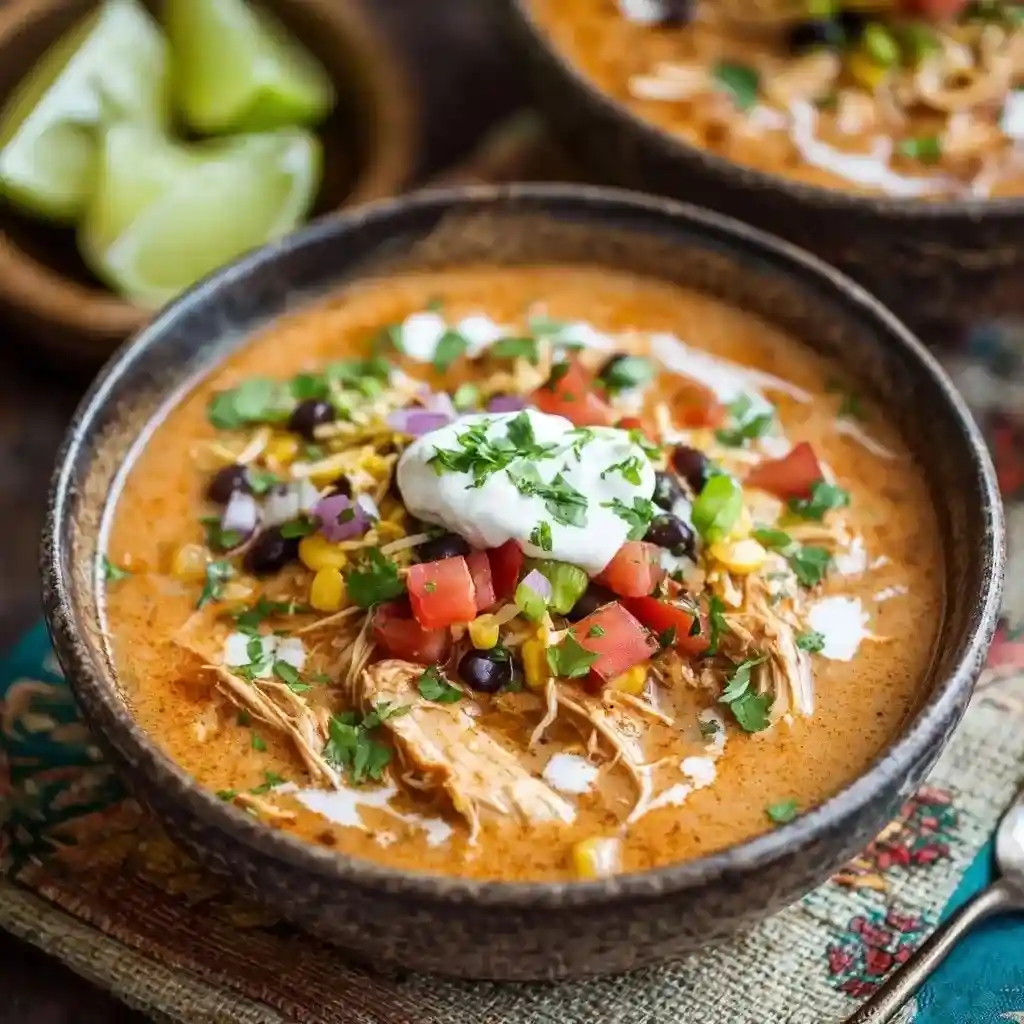 Close-up of taco soup with beans, corn, tomatoes, and fresh cilantro garnish.