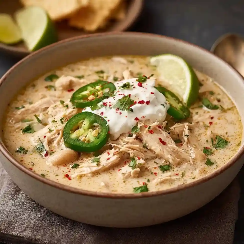 White chicken chili soup garnished with sour cream, jalapeños, lime wedge, and cilantro.