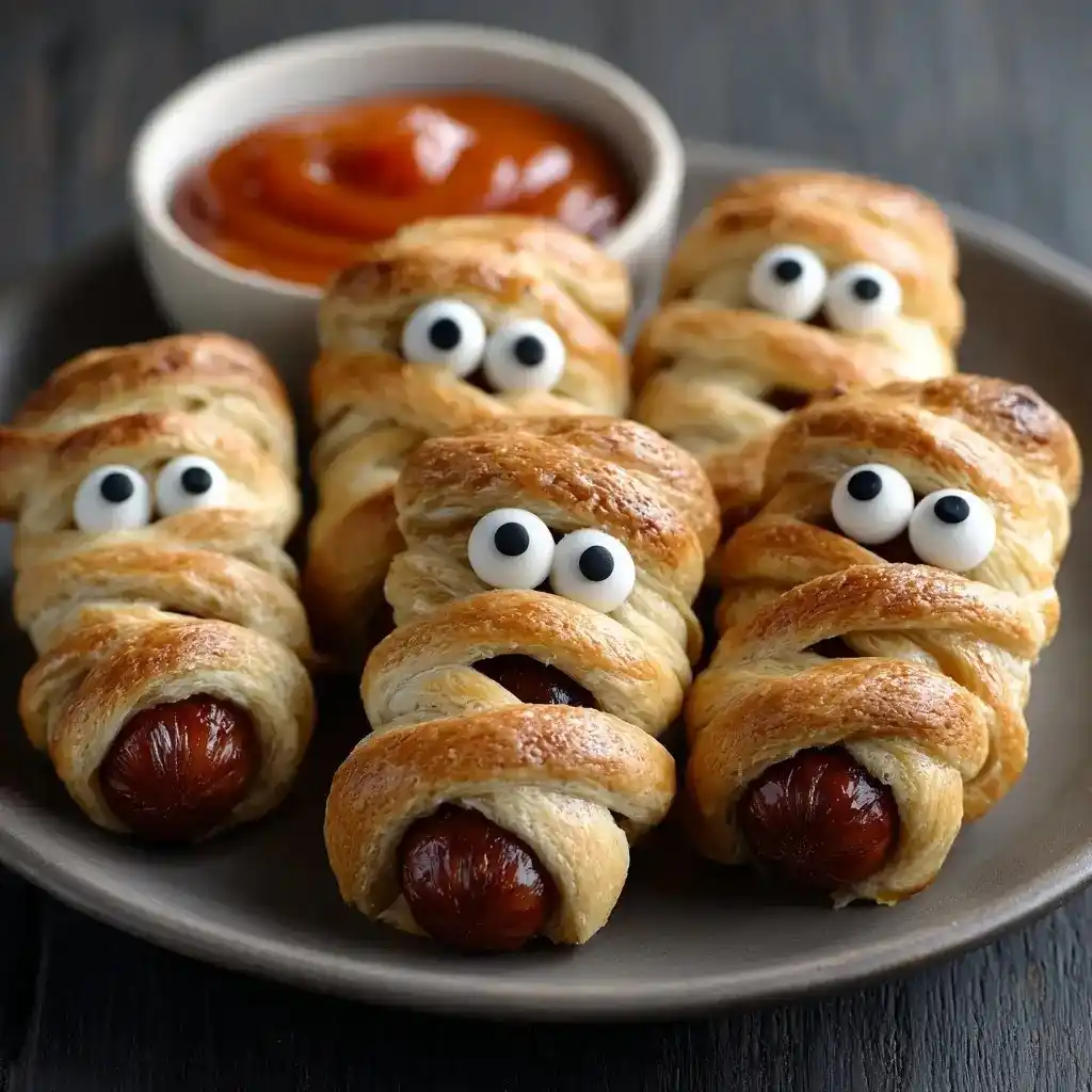 Plate of five sausage mummies wrapped in puff pastry with candy eyes, paired with a bowl of ketchup.