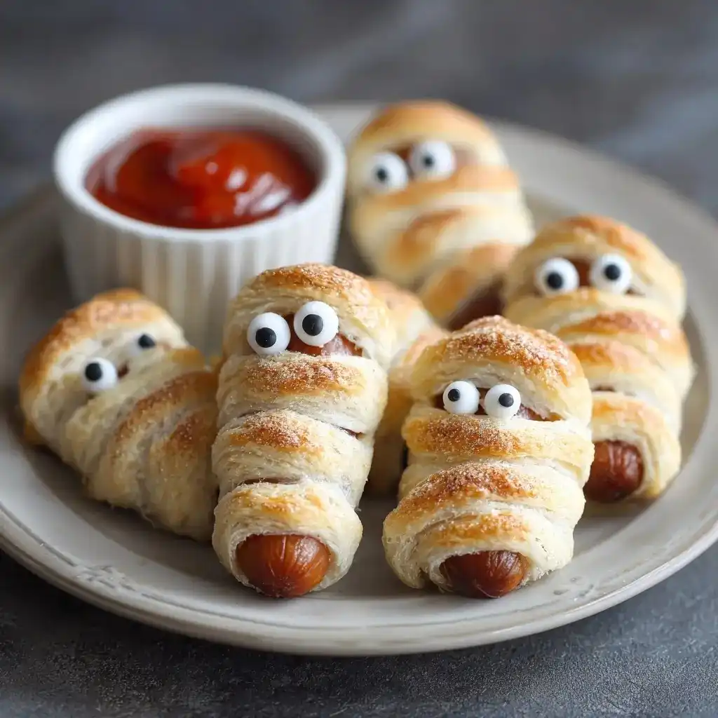 Mini sausage mummies on a white plate with golden puff pastry wraps, candy eyes, and ketchup dip on the side.
