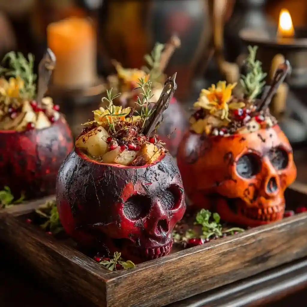 Skull-shaped edible bowls filled with fruit, herbs, and pomegranate seeds on a rustic Halloween party table.