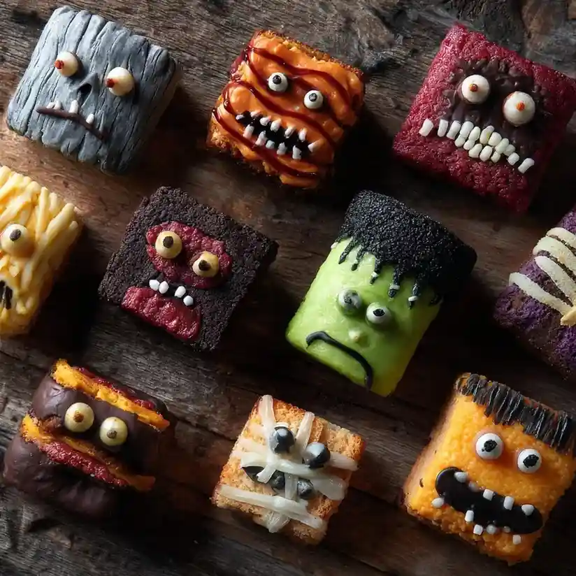 Square mini cakes decorated as monsters with candy eyes, bright frosting, and spooky expressions on wooden board.