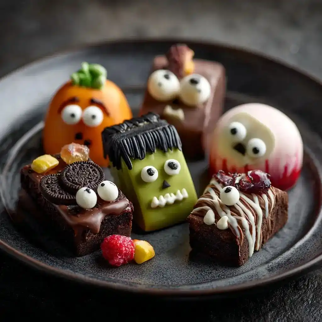 Halloween brownies decorated as monsters with candy eyes, frosting, and spooky designs on a black plate.