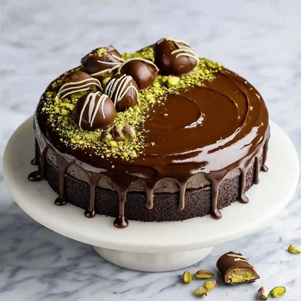 Rich Dubai chocolate cake topped with pistachio crumbs and chocolate truffles on a marble background.
