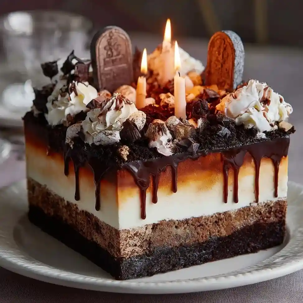 Square layered graveyard cake topped with tombstones, whipped cream, chocolate drizzle, and lit candles.