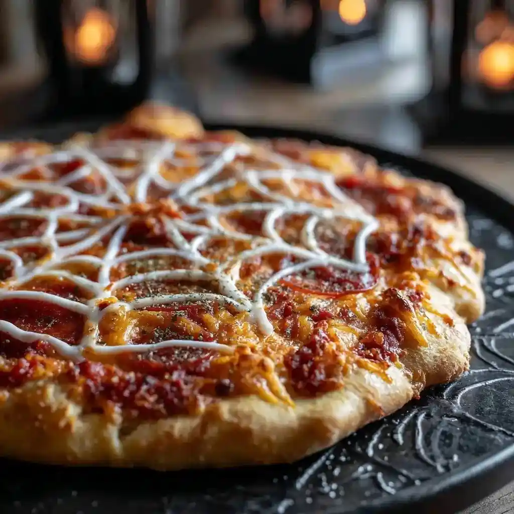 Halloween pizza decorated with a white sour cream spiderweb on top of melted cheese and pepperoni.