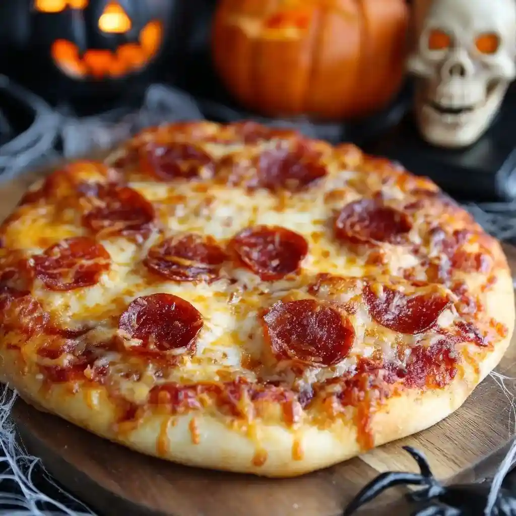 Round pepperoni pizza on a wooden board with pumpkins, skull, and Halloween decorations in the background.