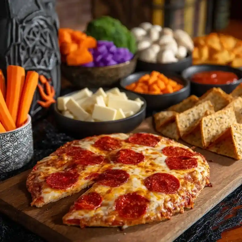 Halloween pepperoni pizza on a wooden board with bowls of colorful veggies, cheese cubes, and breadsticks in the background.