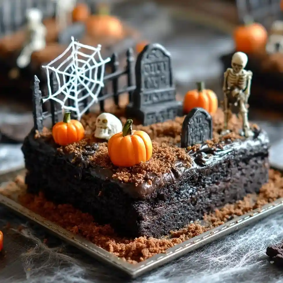 Rectangular graveyard cake decorated with candy pumpkins, tombstones, Oreo dirt, and tiny skeletons.