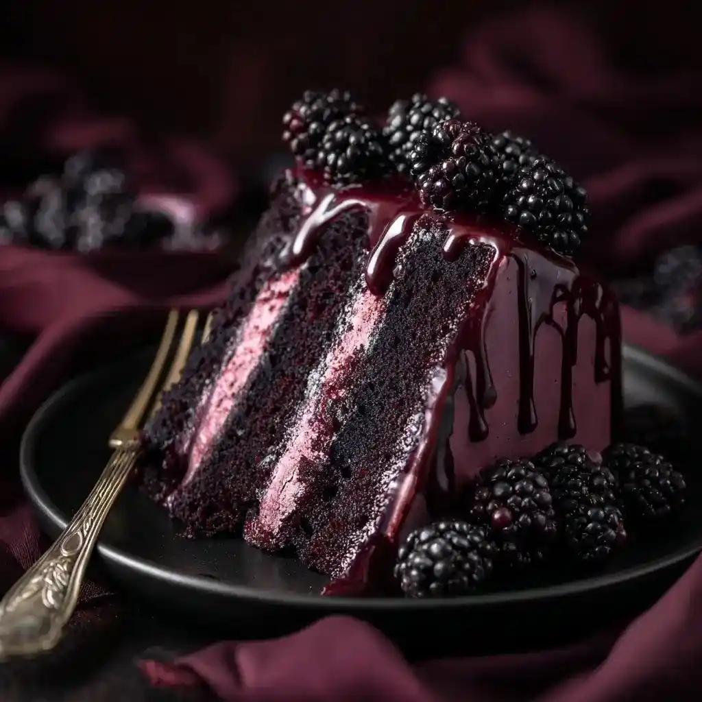 A tall slice of gothic cake with black cocoa layers, pink filling, and glossy berry topping, decorated with blackberries on a black plate.