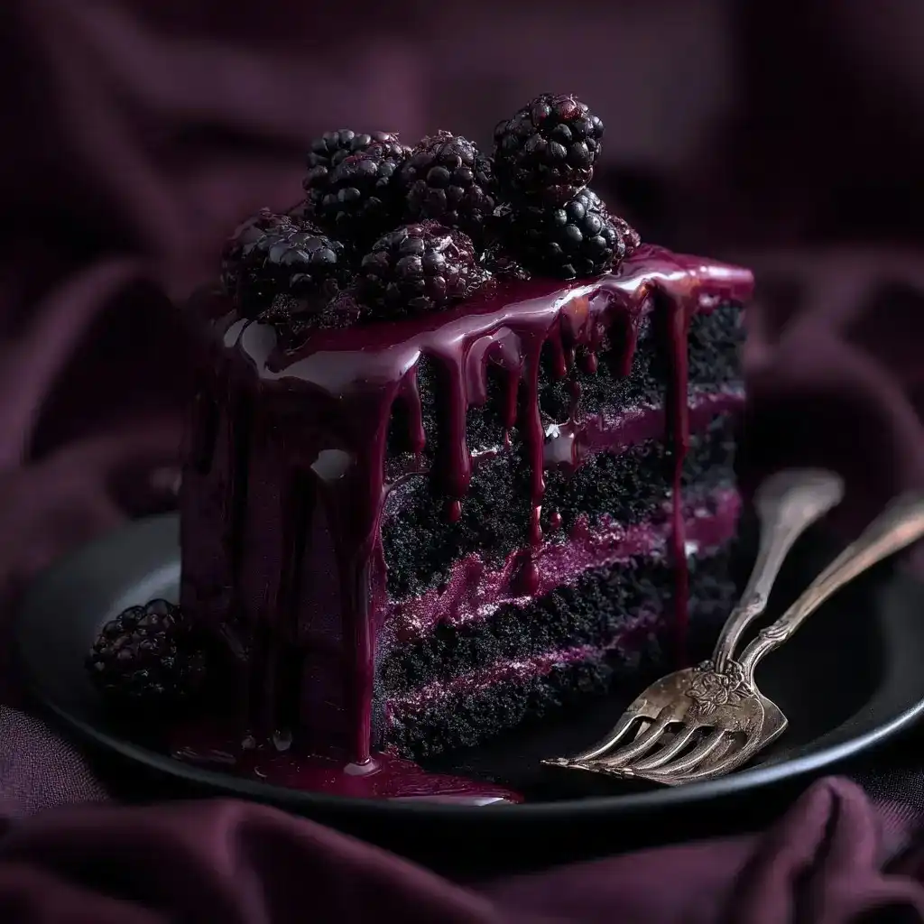 Close-up of a gothic cake slice with black layers, purple frosting drip, and fresh blackberries on a black plate with vintage fork.