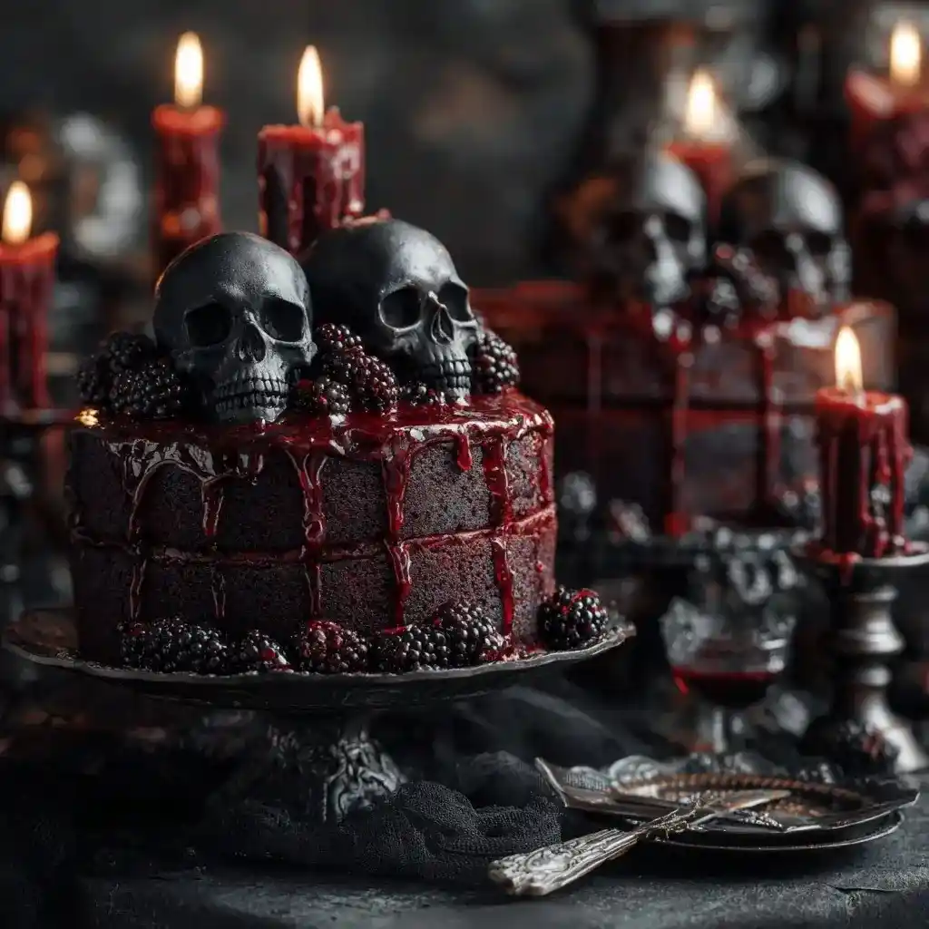 A dramatic gothic cake with black skull toppers, dark berry drizzle, and blackberries, surrounded by red dripping candles on an ornate stand.
