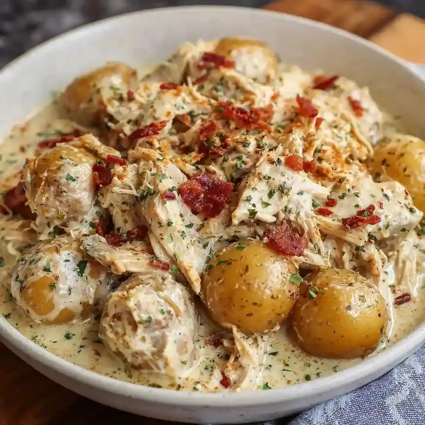 Creamy garlic parmesan crockpot chicken and potatoes topped with crispy bacon bits.