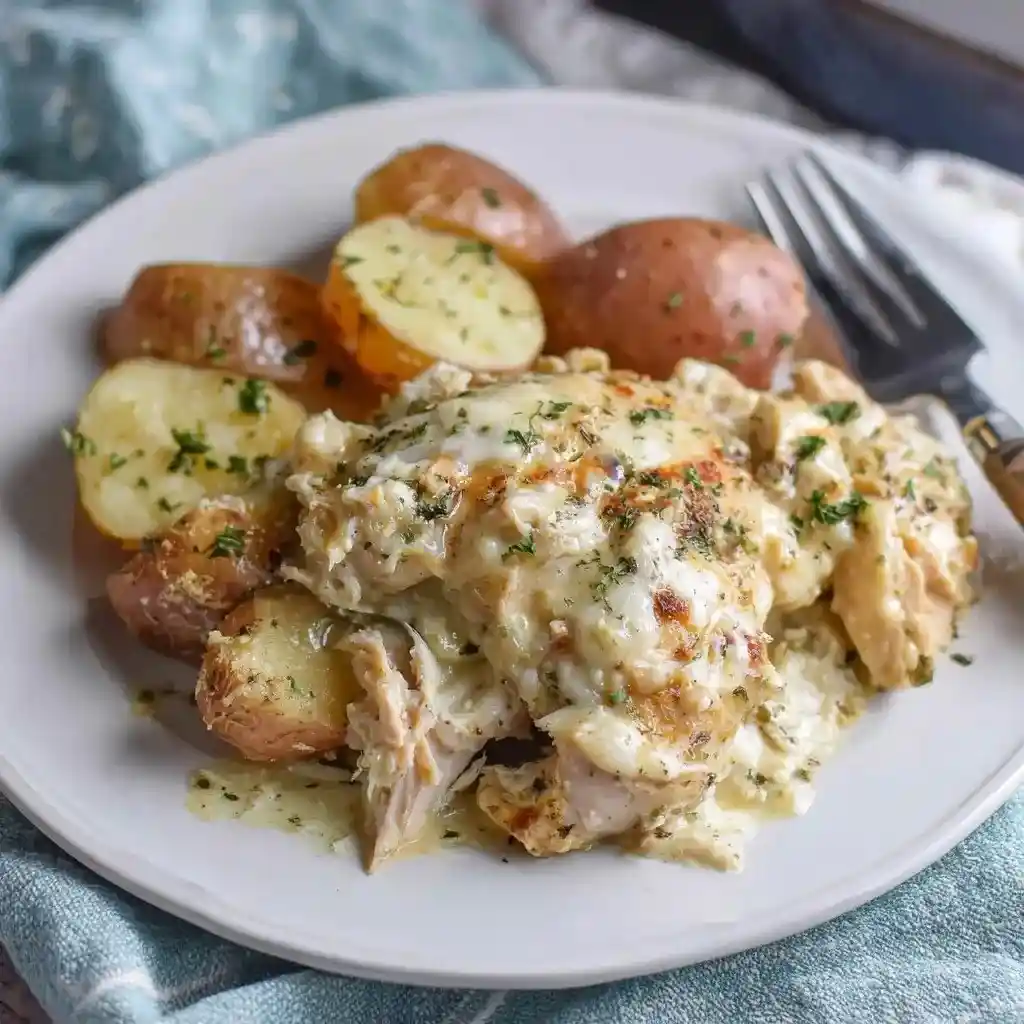 Plate of creamy garlic parmesan chicken with red potatoes.
