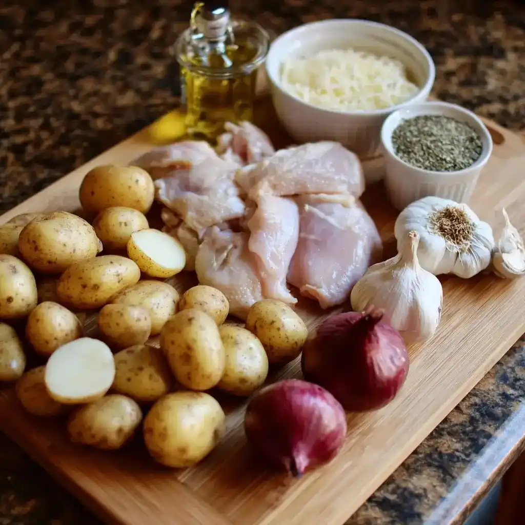 Fresh ingredients for crockpot chicken and potatoes including raw chicken, baby potatoes, garlic, onion, herbs, cheese, and olive oil.