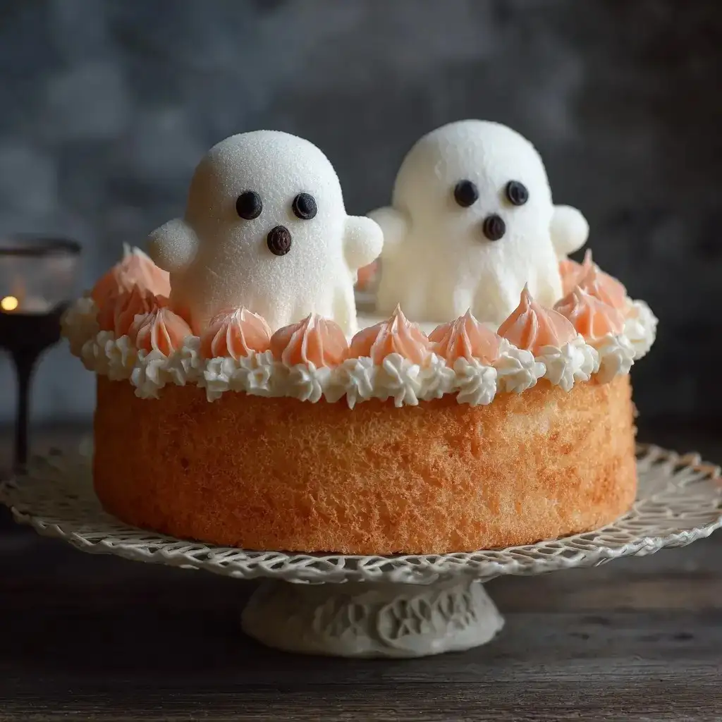 Ghost Cake with two marshmallow ghosts on a golden sponge cake topped with whipped cream swirls.