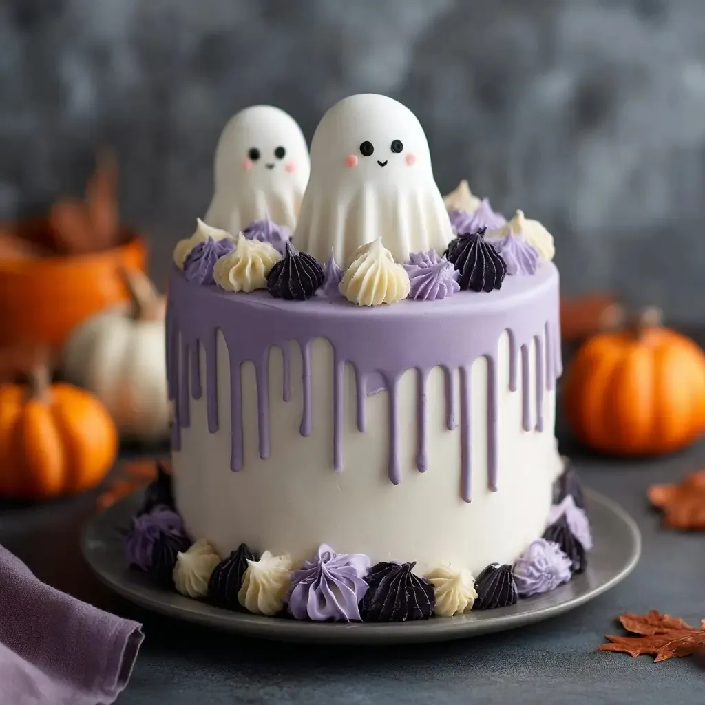 Tall Ghost Cake with purple drip frosting, topped with fondant ghosts and buttercream swirls.