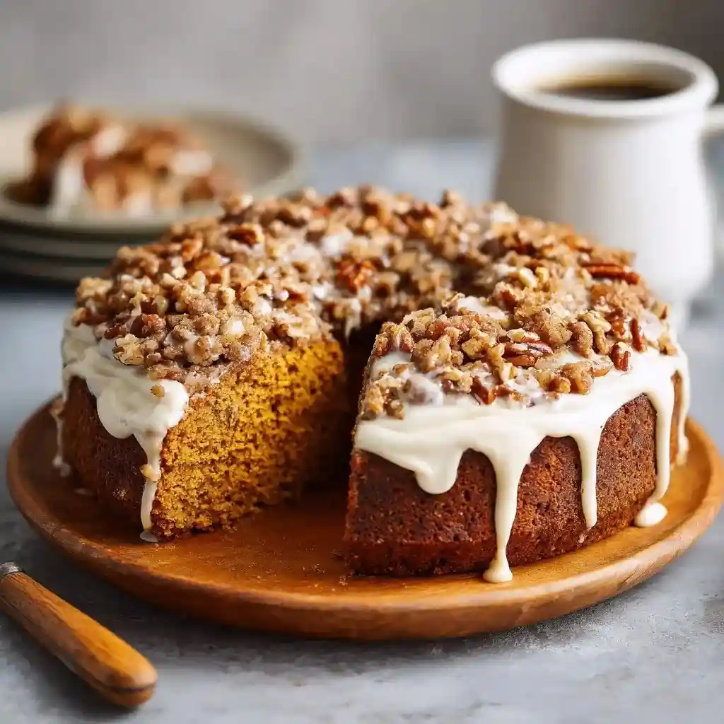 Gluten free pumpkin coffee cake topped with pecan streusel and creamy glaze, served on a wooden platter with coffee in the background.