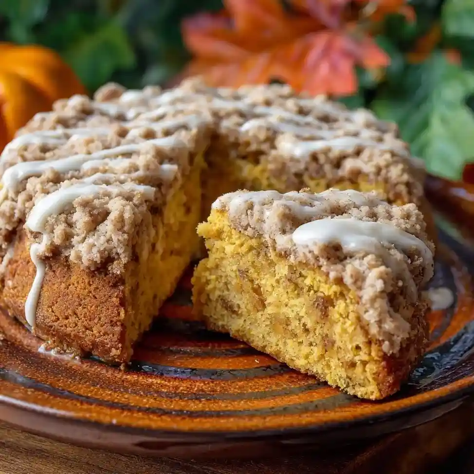 A round gluten free pumpkin coffee cake topped with cinnamon streusel and vanilla drizzle, served on a rustic plate with autumn leaves.
