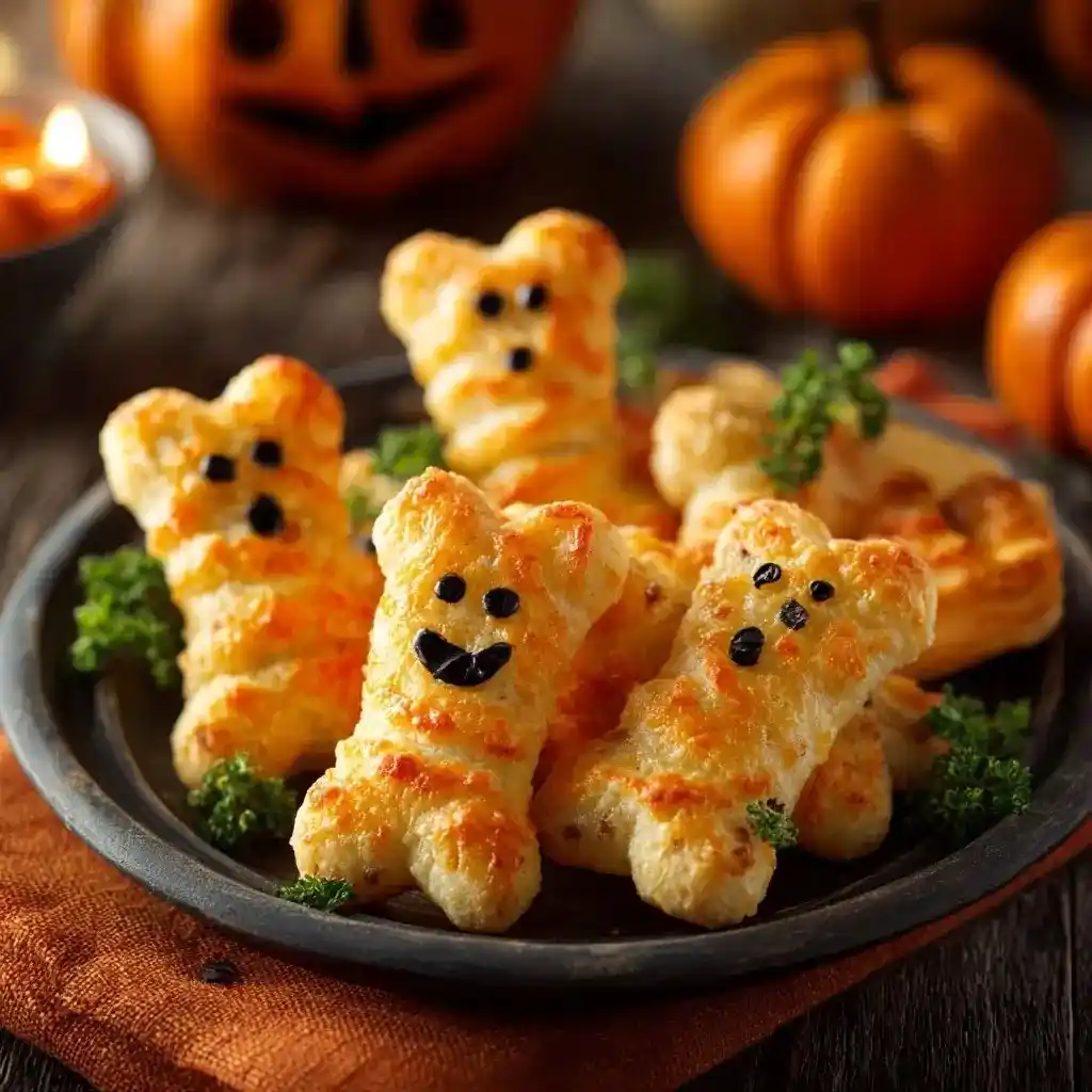 Plate of ghost-shaped cheesy bread snacks decorated with nori faces, styled with pumpkins in the background.