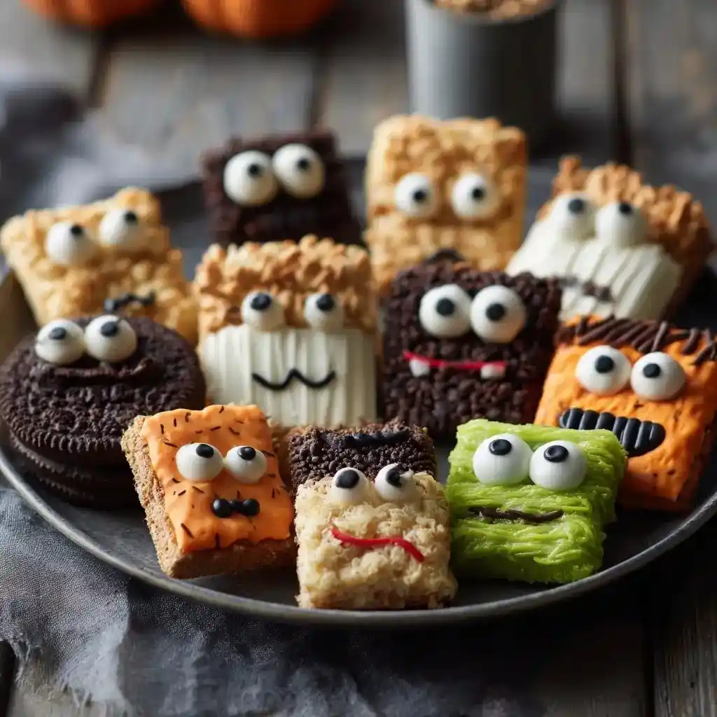 Plate of Halloween monster snacks made from Rice Krispie treats and cookies decorated with candy eyes, frosting, and colorful icing.