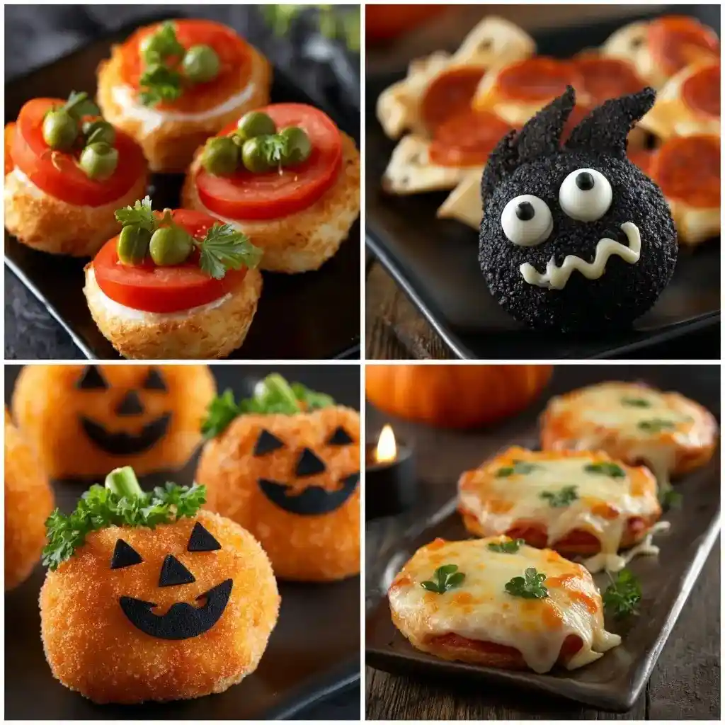 Collage of Halloween snacks including pumpkin-shaped croquettes, bat-shaped appetizers, mini pizzas, and spooky bite-sized treats.
