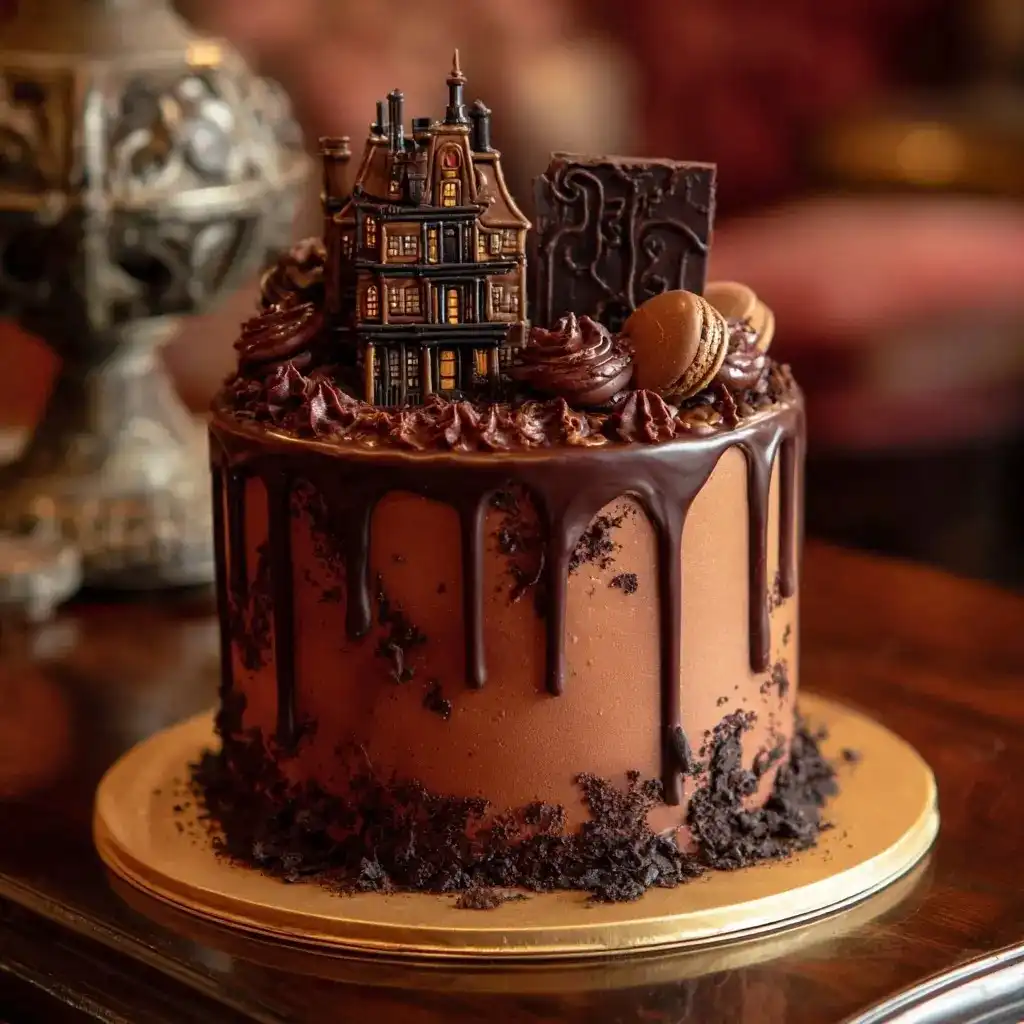 Gothic-inspired Haunted Mansion Chocolate Cake with dark frosting, ornate piping, and edible bead decorations on a vintage gold plate.