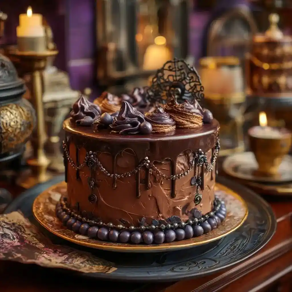 Haunted Mansion Chocolate Cake topped with a miniature chocolate mansion, macarons, and dark ganache drip on a golden cake board.