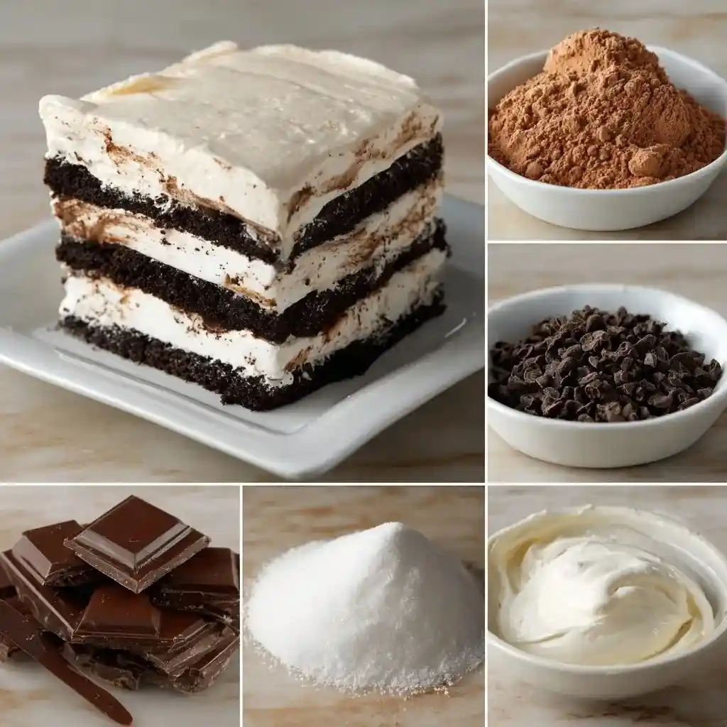 Close-up of a layered chocolate and vanilla ice cream cake slice with bowls of cocoa powder, chocolate chips, sugar, and whipped cream.