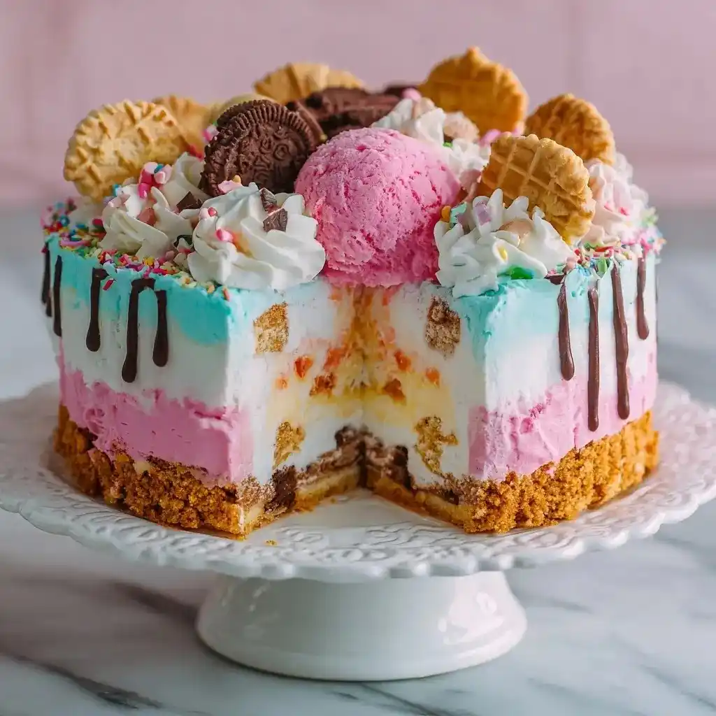 Vibrant ice cream cake with layers of pink, blue, and white ice cream, topped with whipped cream, cookies, sprinkles, and a scoop of pink ice cream.