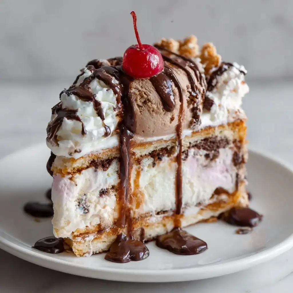 Slice of sundae-style ice cream cake topped with chocolate drizzle, whipped cream, a cherry, and a scoop of chocolate ice cream.