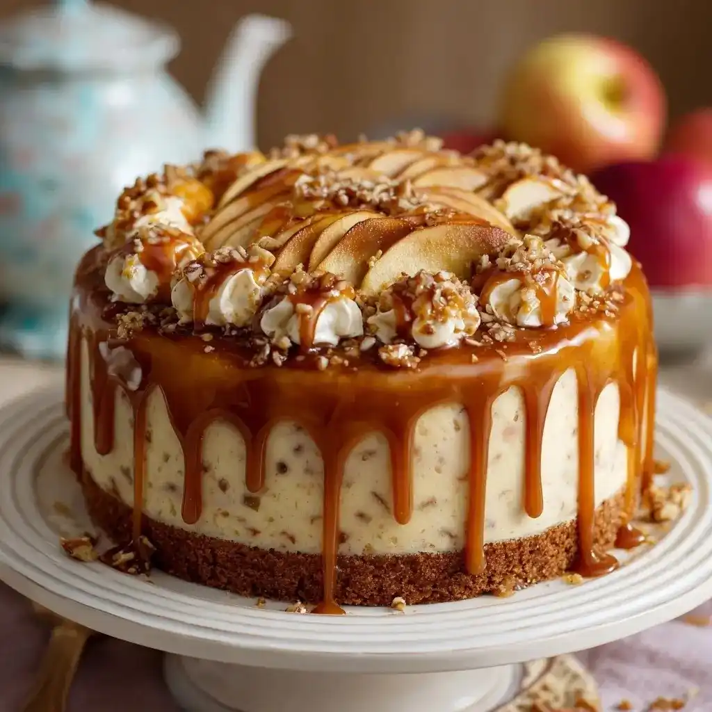 Elegant caramel apple cake with caramel drip, apple slices, whipped cream swirls, and chopped nuts on a white cake stand.