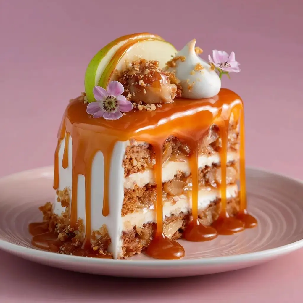 A slice of caramel apple layer cake with caramel drizzle, apple slice, edible flowers, and whipped cream on a pink plate.