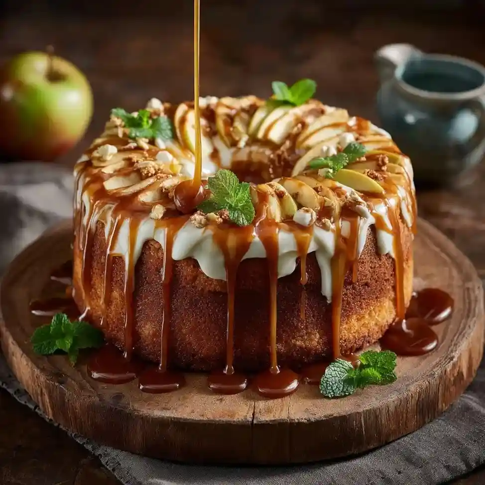 Rustic bundt-style caramel apple cake drizzled with caramel sauce, cream, and topped with fresh apple slices and mint leaves.