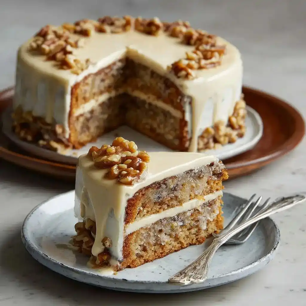 Slice of maple walnut cake with maple glaze and walnuts on a plate, with the full cake in the background.