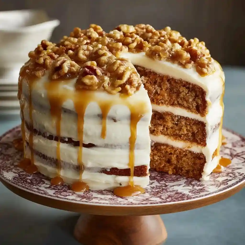 Three-layer maple walnut cake topped with walnuts and dripping maple caramel glaze on a cake stand.