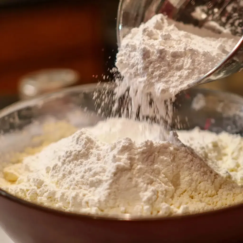 Flour being poured into a mixing bowl for Ghost Cake batter.