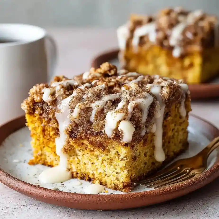 Moist pumpkin coffee cake slice topped with cinnamon streusel and drizzled icing on a plate with a fork.