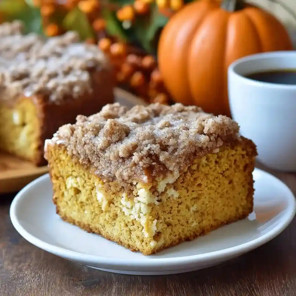 Pumpkin coffee cake square with streusel topping on a white plate beside a coffee cup and pumpkin décor.