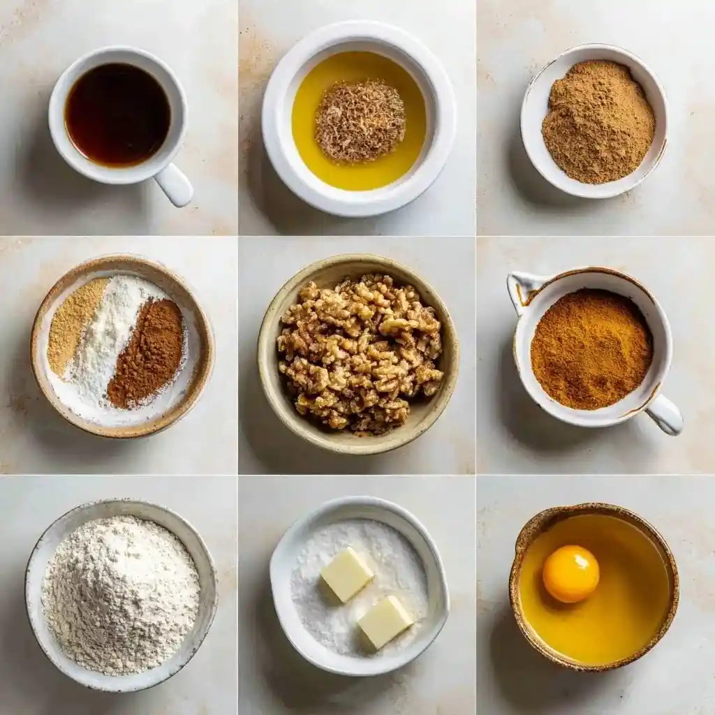 Overhead view of ingredients for pumpkin coffee cake including pumpkin purée, flour, sugar, butter, spices, and walnuts.