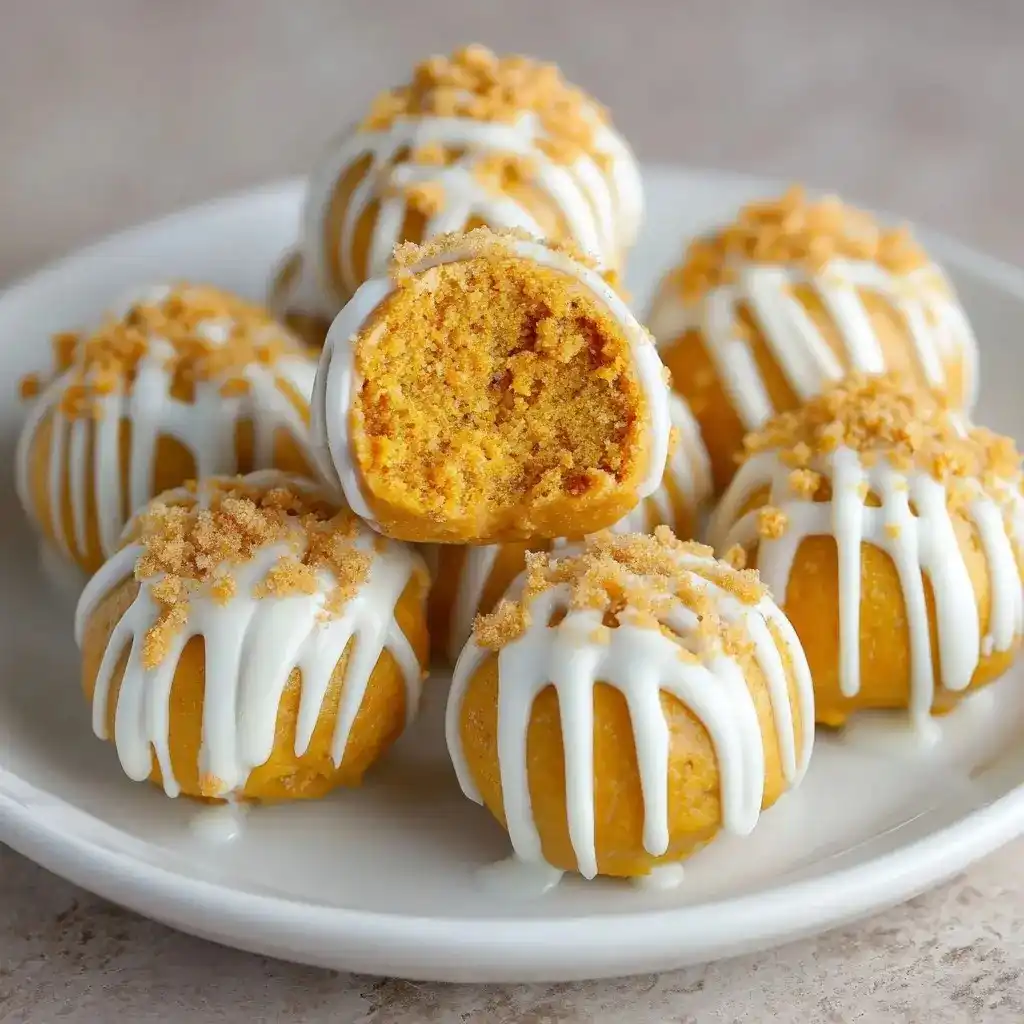 Pumpkin cheesecake truffles topped with a white chocolate drizzle and cookie crumb topping on a white plate.