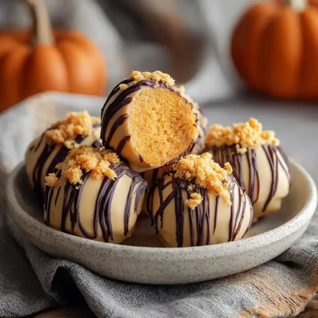 Pumpkin cheesecake truffles coated in white chocolate, drizzled with dark chocolate, and topped with cookie crumbs, stacked on a ceramic plate.