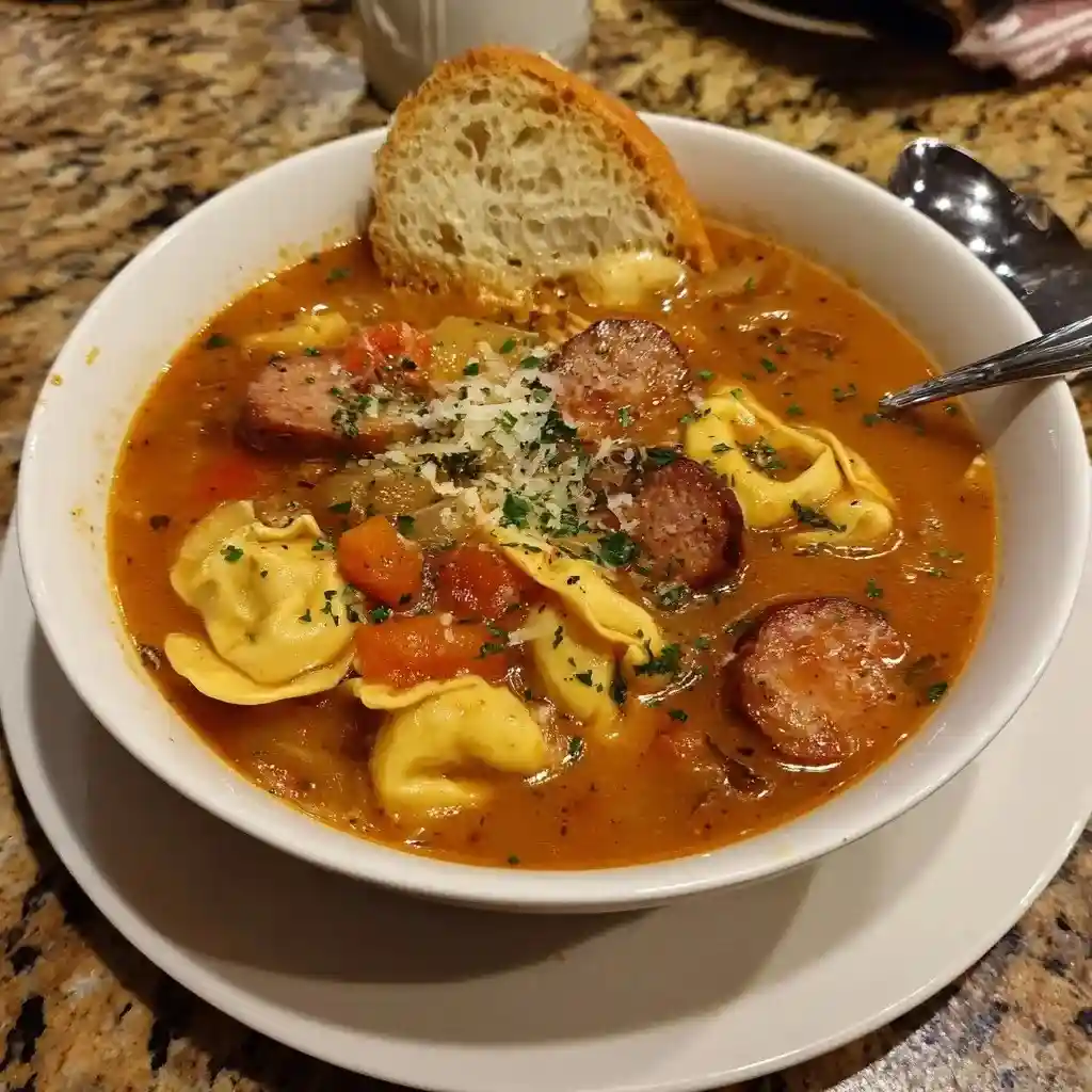 Bowl of sausage and tortellini soup topped with parmesan and served with crusty bread.