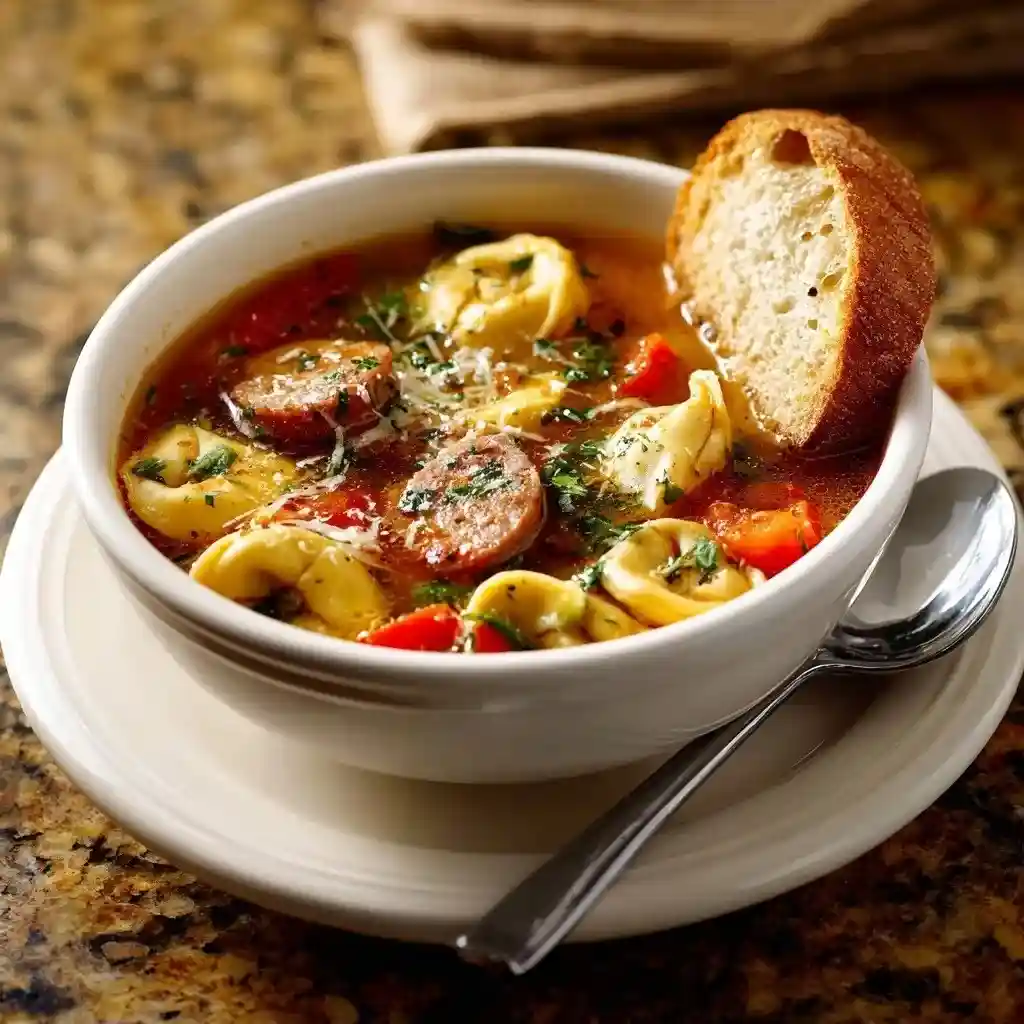 Tortellini soup with sausage, vegetables, and fresh parsley in a white bowl.