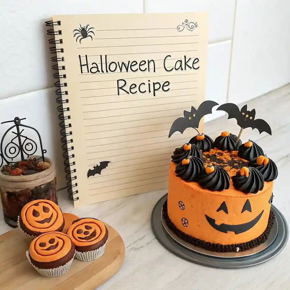A pumpkin-face Halloween cake with black frosting swirls, bat toppers, and matching jack-o-lantern cupcakes beside a recipe notebook.