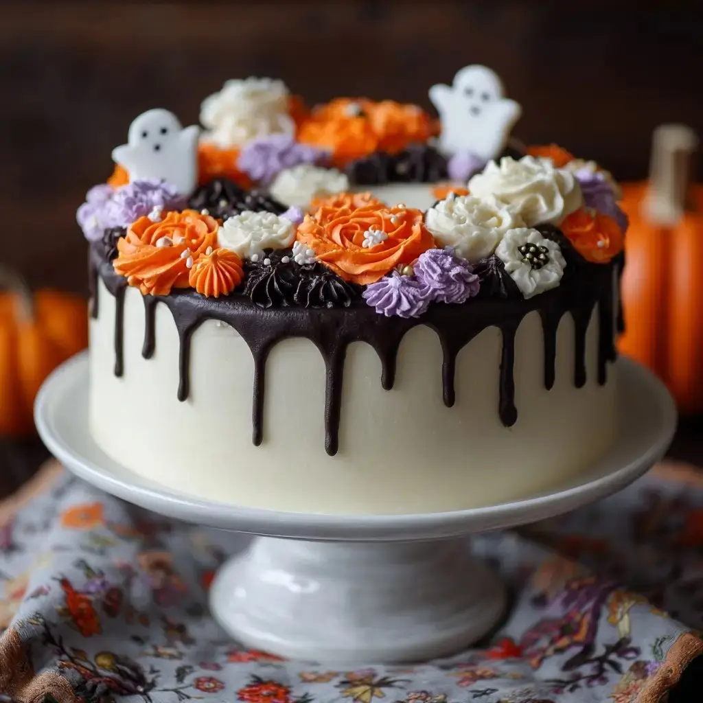 A decorated Halloween cake with ghost toppers, chocolate drip, and orange, purple, and white buttercream flowers on a white cake stand.