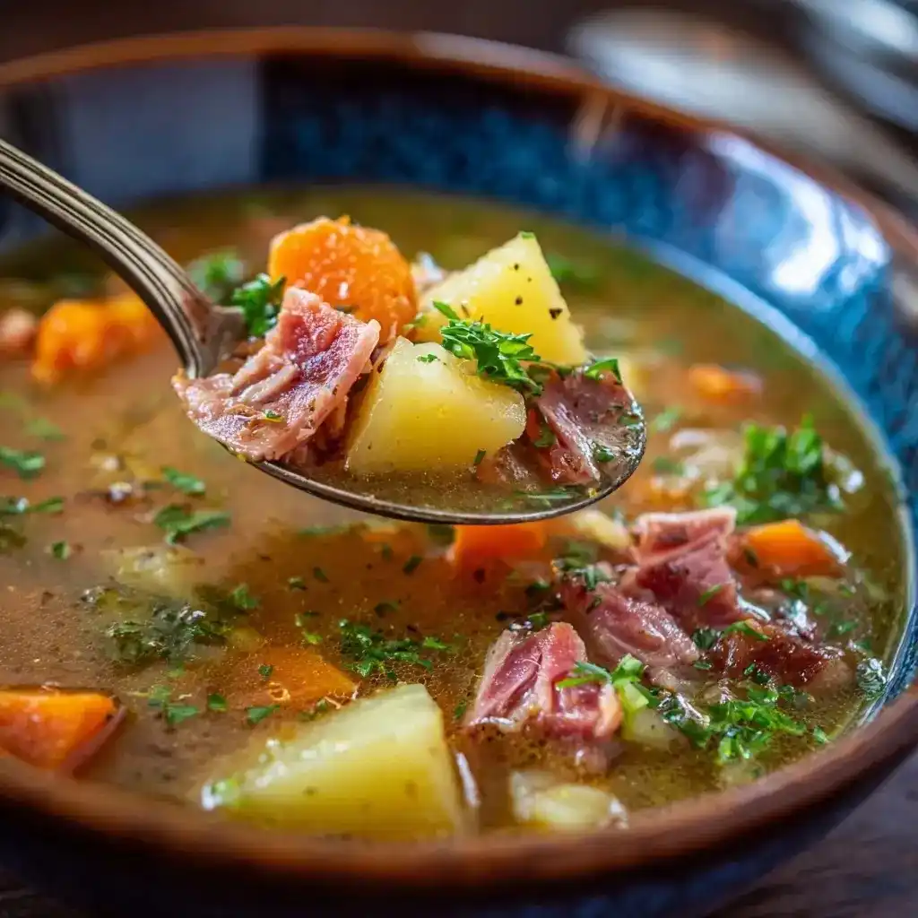 Spoonful of hearty ham and potato soup with carrots, garnished with fresh parsley, served in a rustic blue bowl.