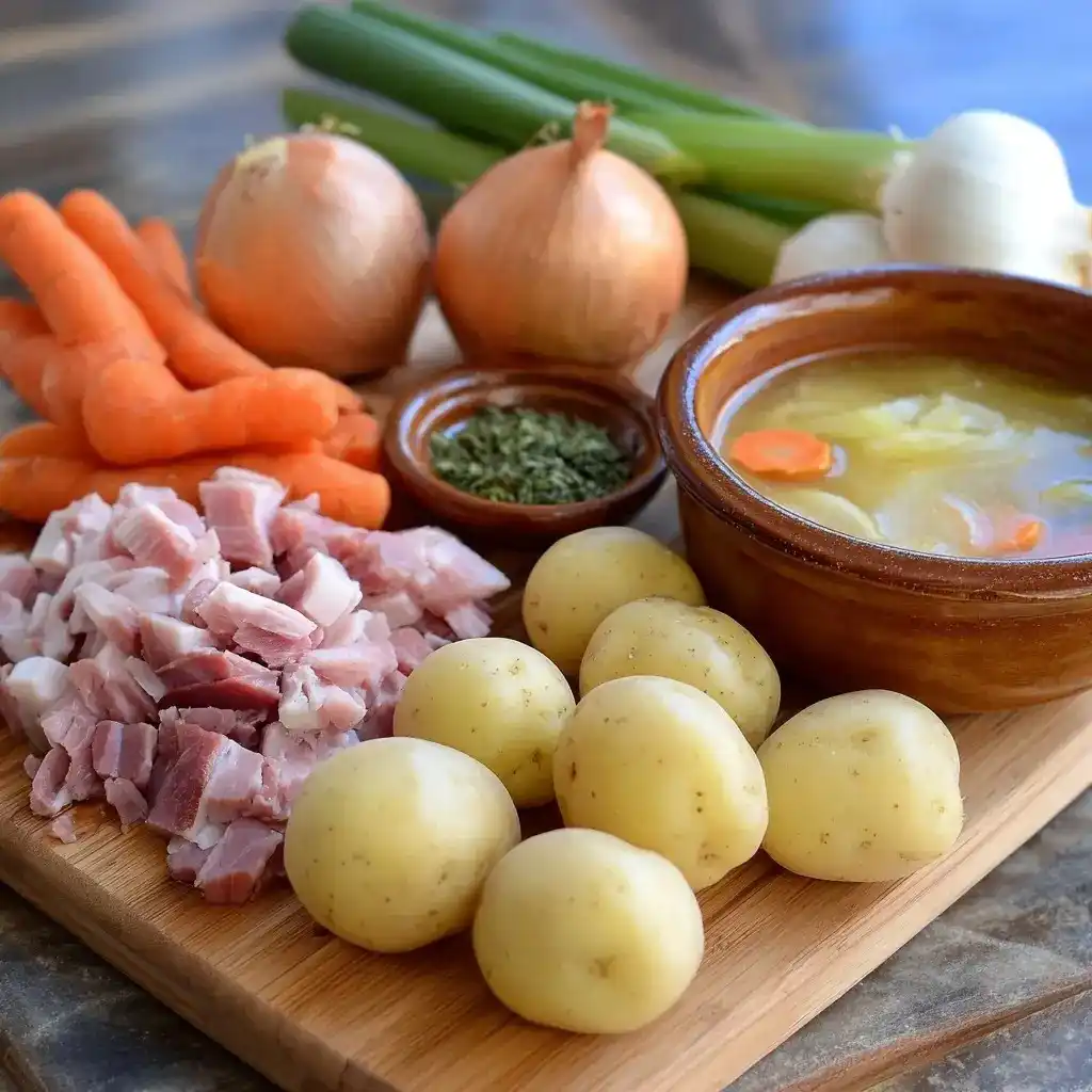 Fresh ingredients for ham and potato soup including potatoes, carrots, onions, ham, and herbs arranged on a wooden board.