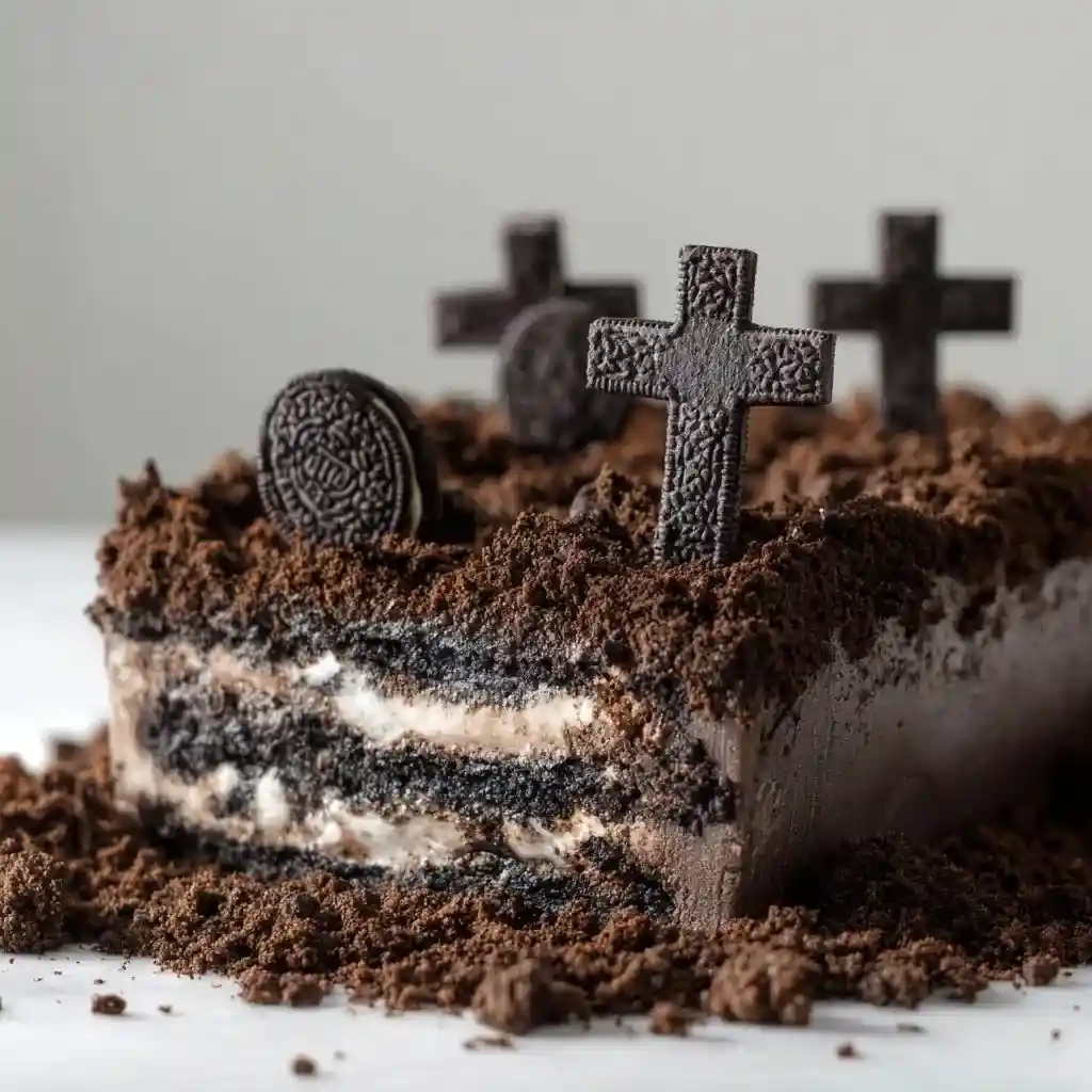 Slice of Oreo dirt cake recipe with cookie crosses and layered pudding filling on a white surface.