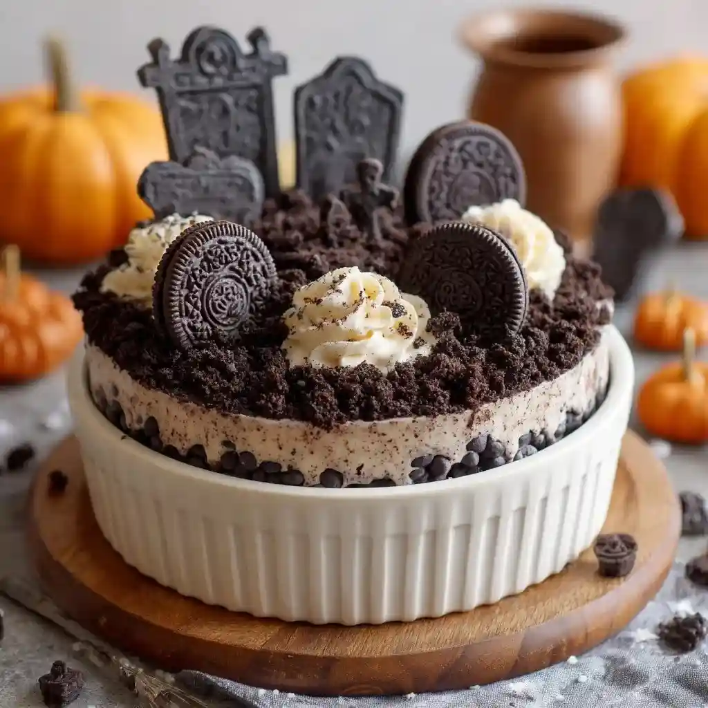 Round Oreo dirt cake topped with cookie tombstones, whipped cream swirls, and crushed Oreos in a white dish.
